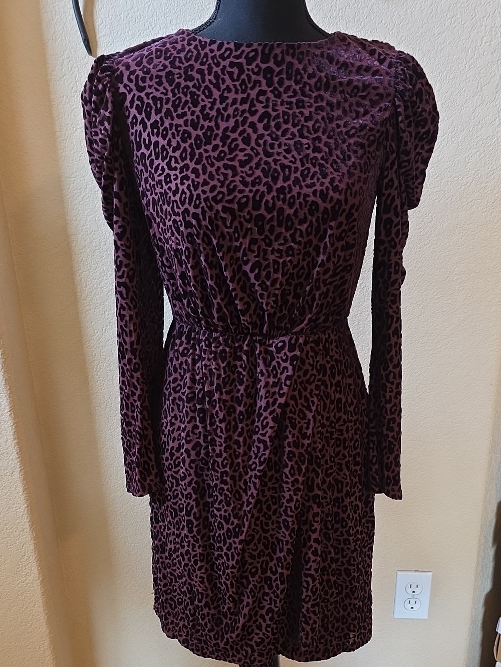 Express 🎀 Womens Dark Plum Leopard Print Long Sleeve Dress